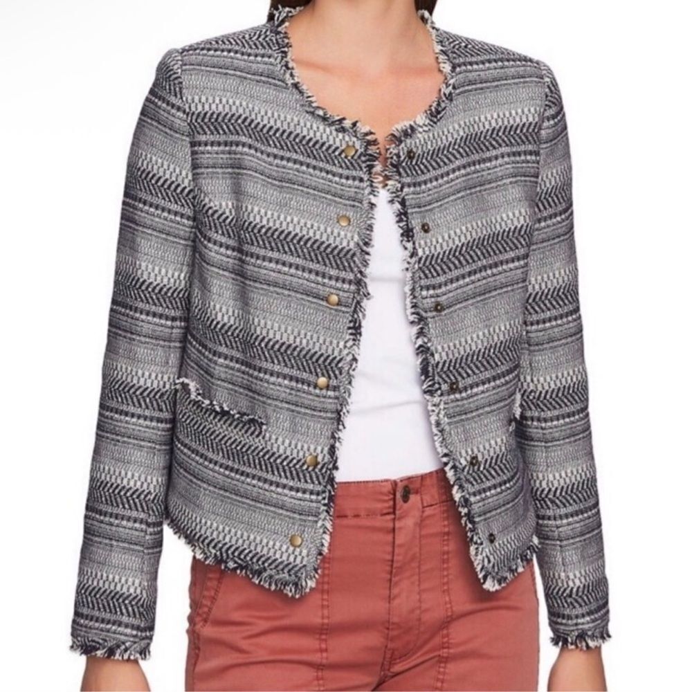 1. State Rustic Fringe Jacket Blue & White Tweed women's size xl